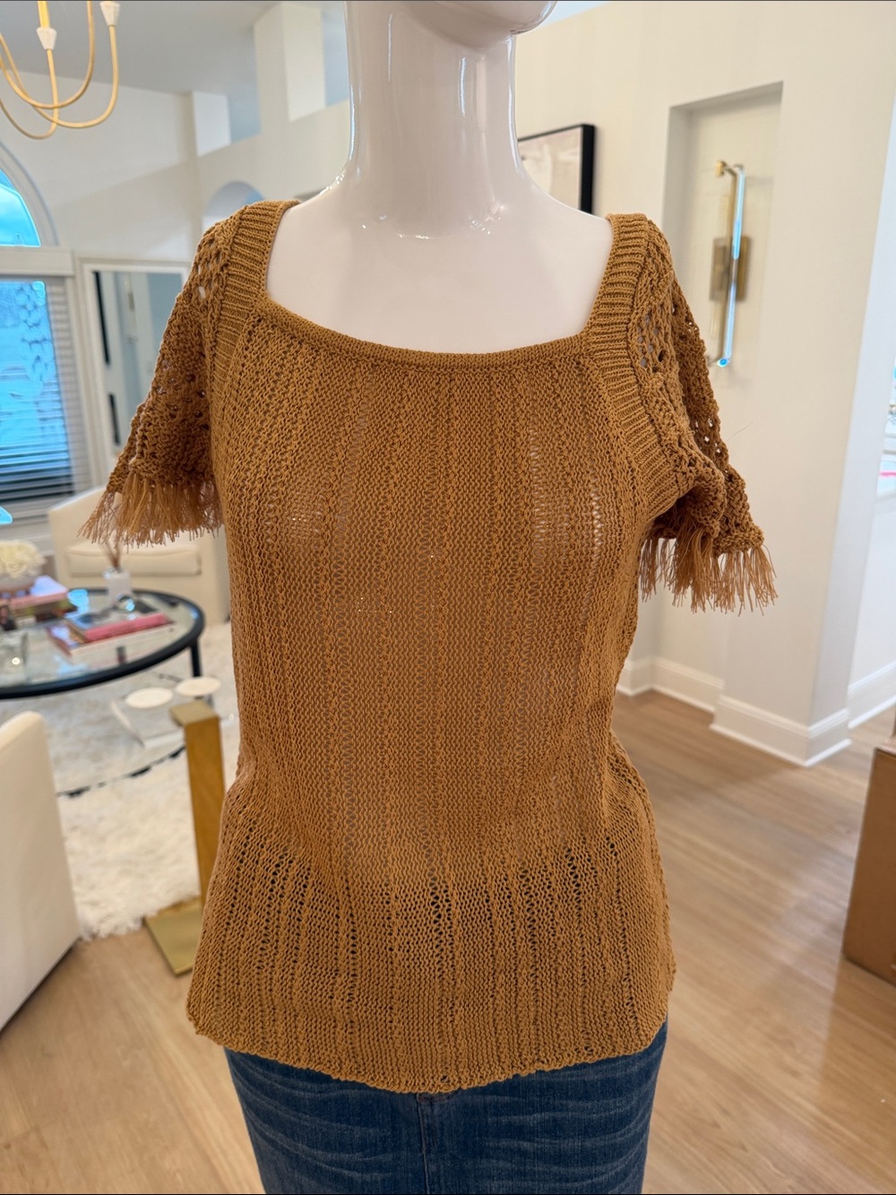 Attitudes by Renee Crocheted Fringe Sleeve Square-Neck Sweater - Brown